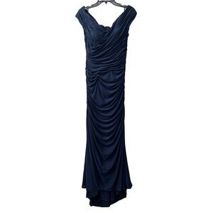 New LA FEMME Size 12 Ruched Jersey Column Gown Navy Blue